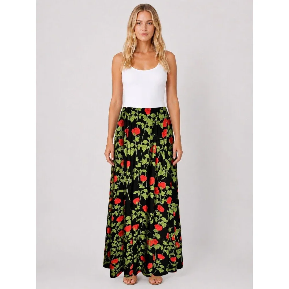 BERNADETTE Antwerp Kennedy Climbing Roses Floral Maxi Skirt Black Red Small 36